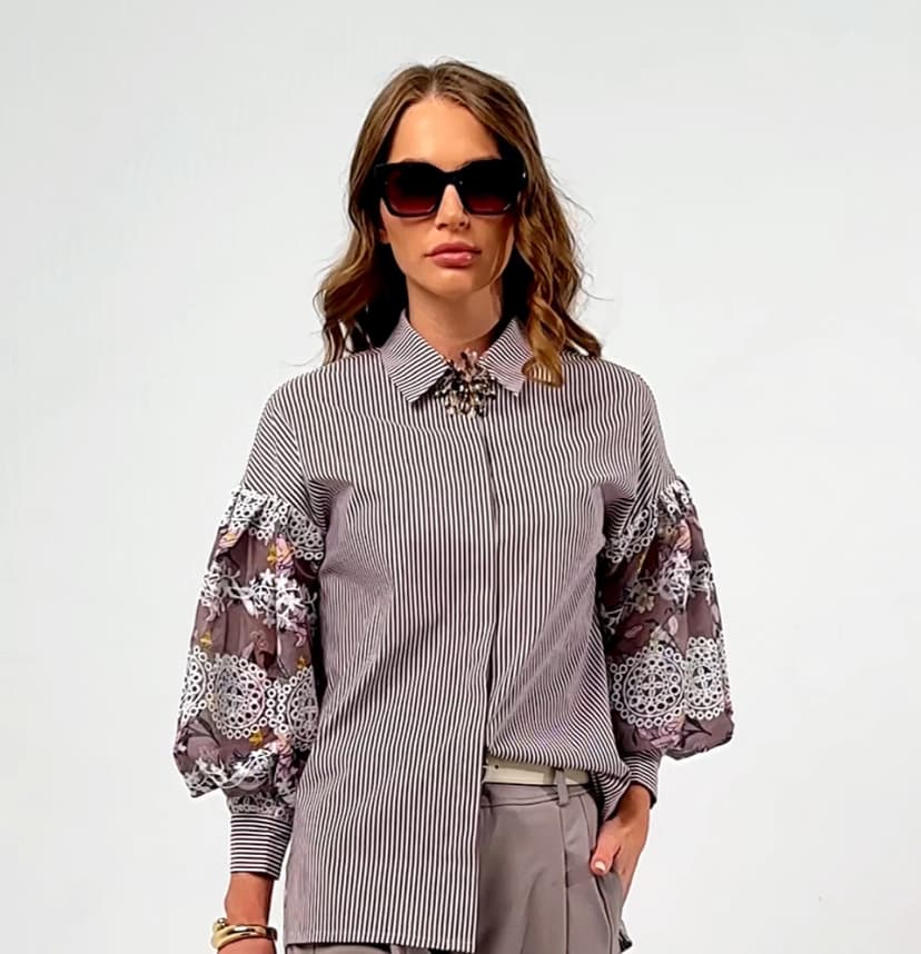 Striped blouse with exclusive embroidered sleeves