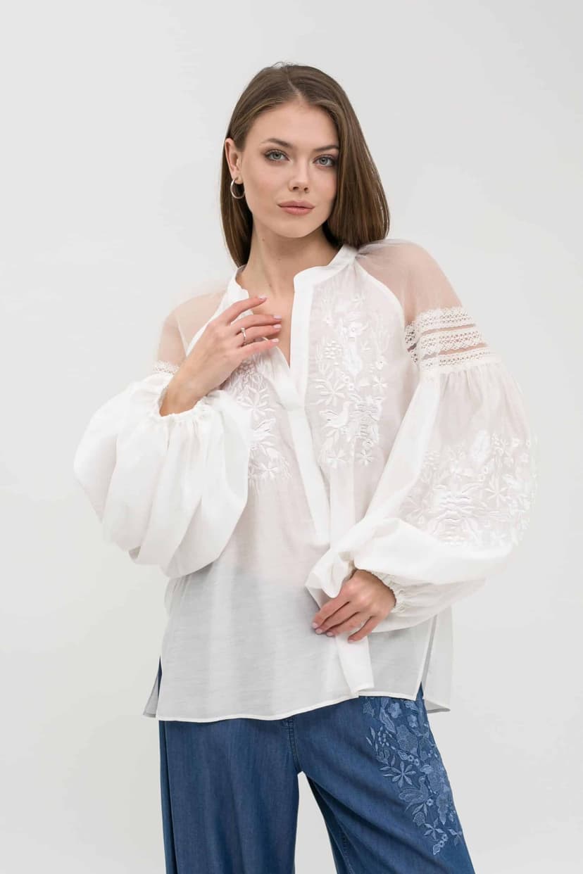 Embroidered viscose blouse with lace and organza detailing