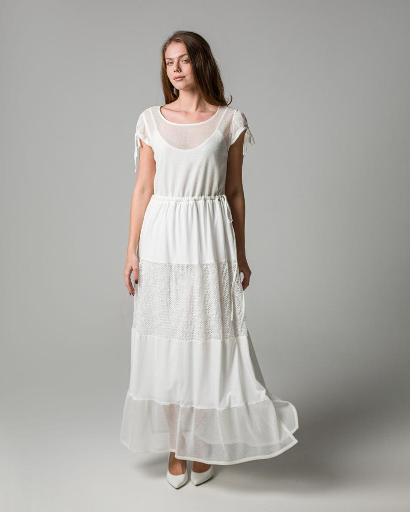 Long cotton knit dress with mesh inserts