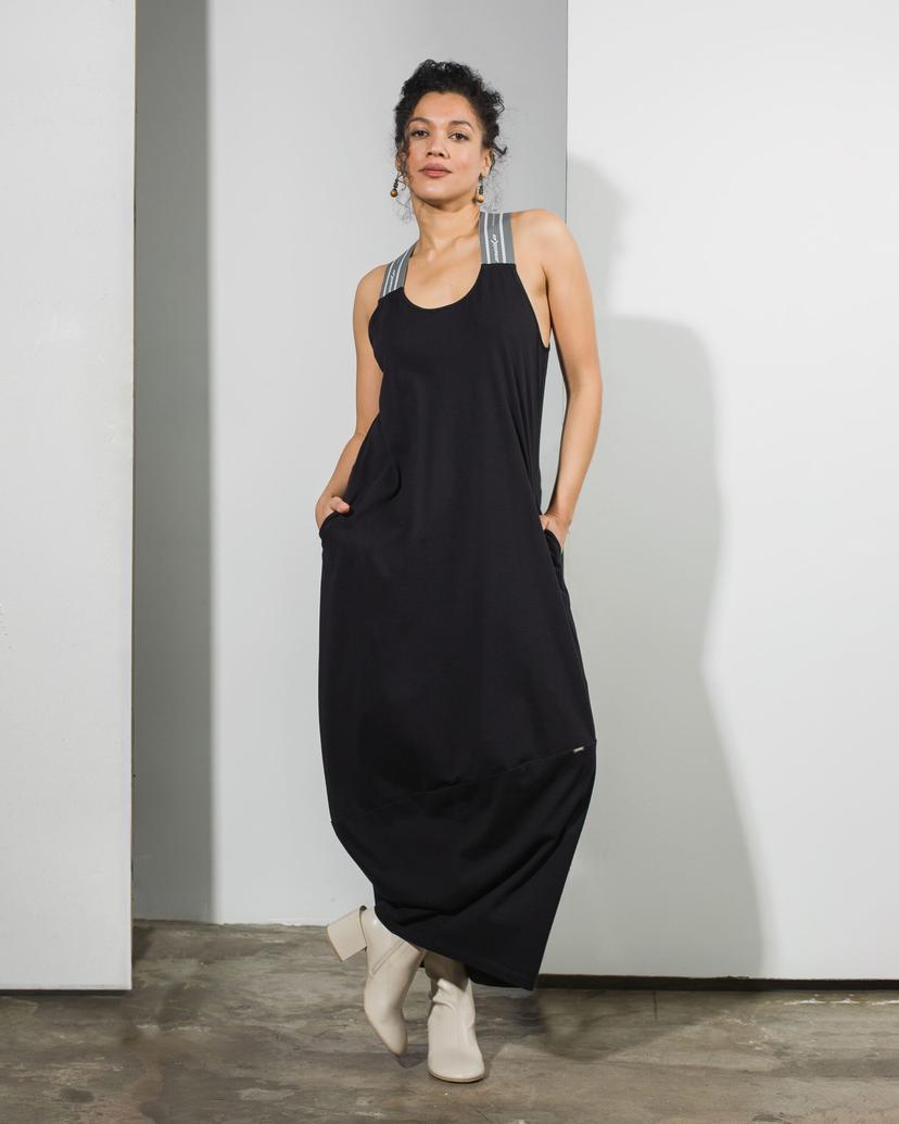 Cocoon silhouette dress with branded elastic straps