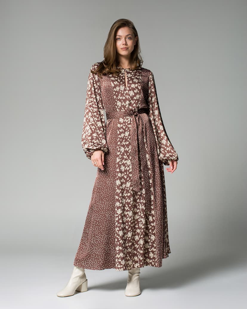 Long satin dress with floral and polka dot print