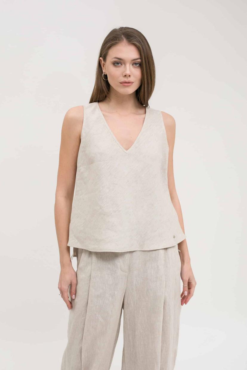 Sleeveless linen top with V-neck